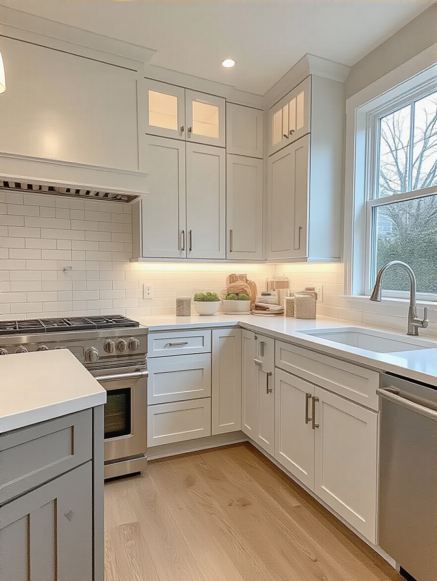 Bright modern kitchen with freshly painted white cabinets and clean countertops in natural light