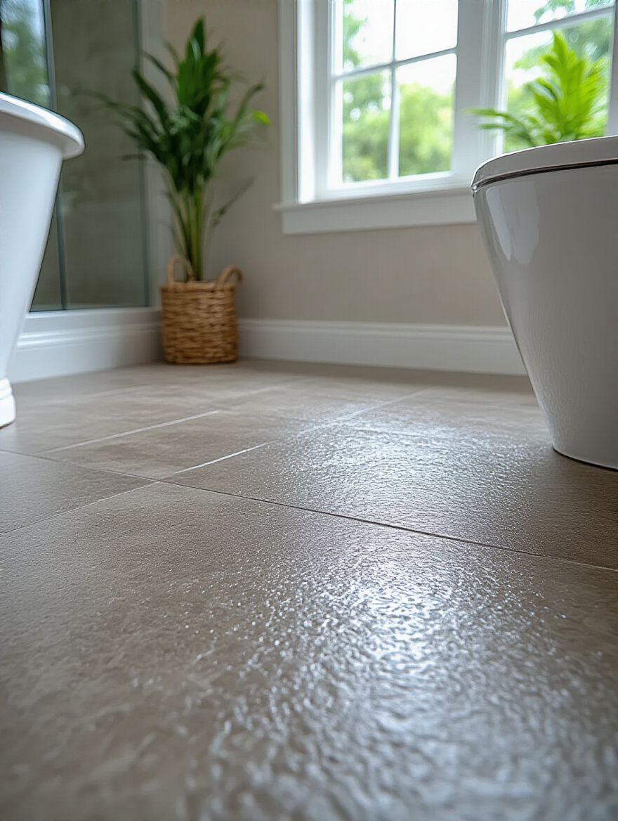 Close-up portrait photo of slip-resistant, durable bathroom flooring with textured porcelain tiles and luxury vinyl planks