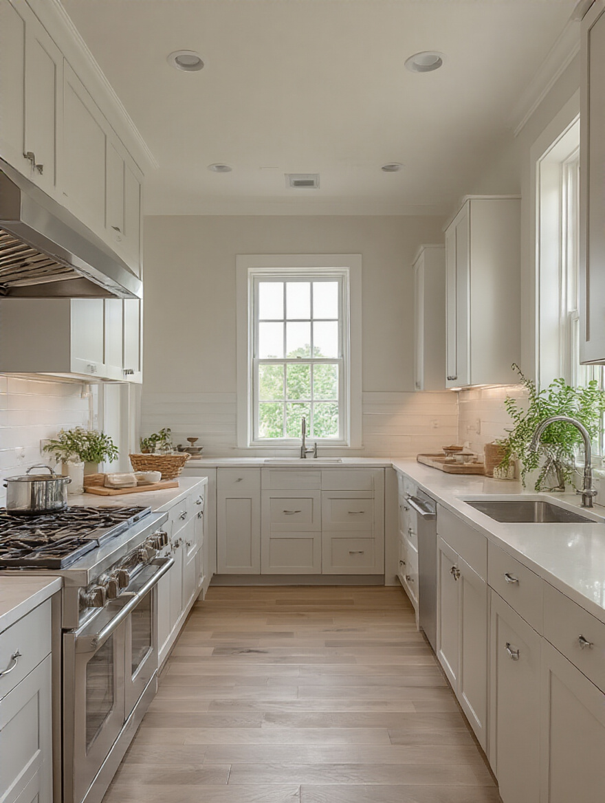 Bright and clean kitchen interior with freshly repainted light gray walls and white ceiling, showcasing a budget kitchen remodel refresh