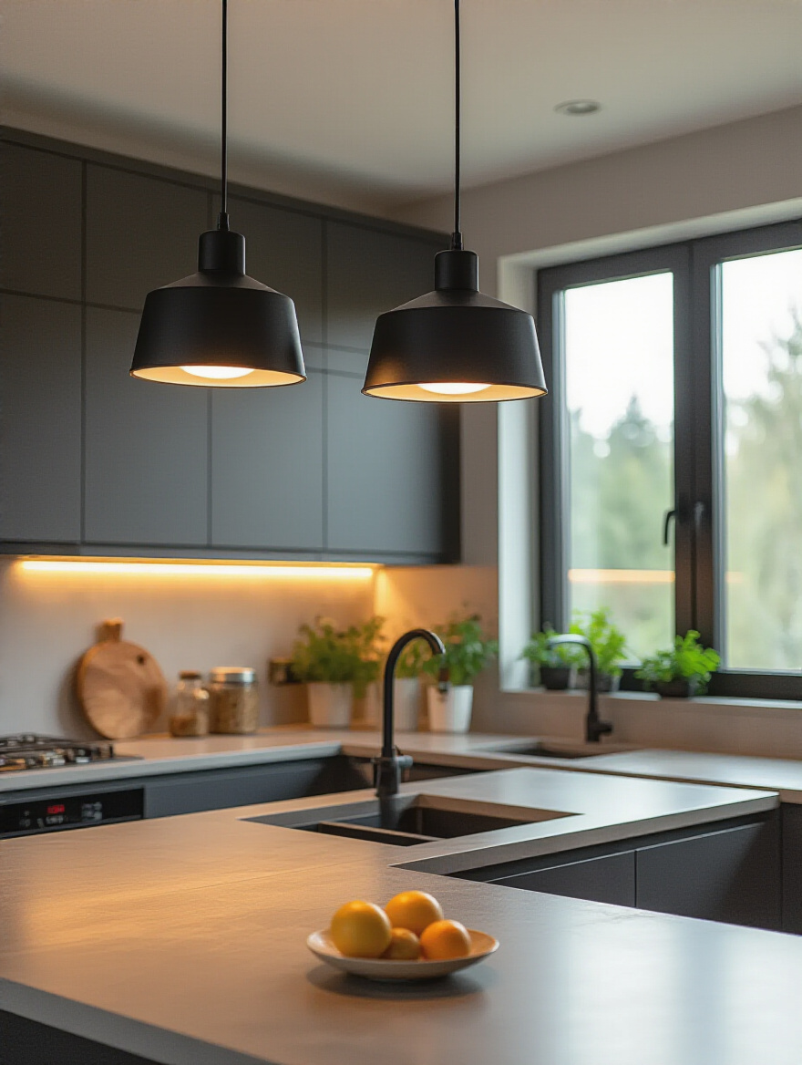 Modern kitchen with new matte black pendant lights and LED flush mount fixtures, bright and warm ambiance