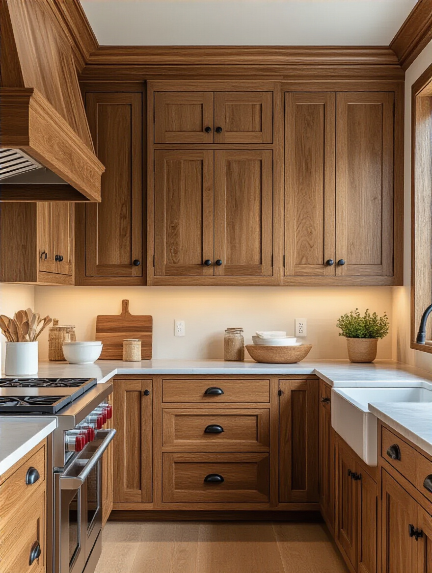 Beautifully restored kitchen cabinets showcasing rich wood grain and color.