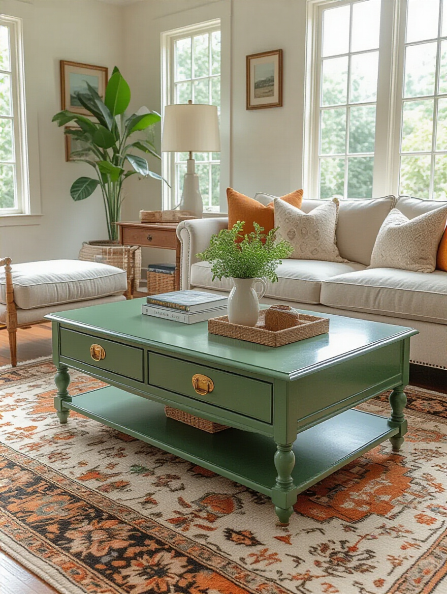 Stylish living room with a revamped coffee table and inviting decor.