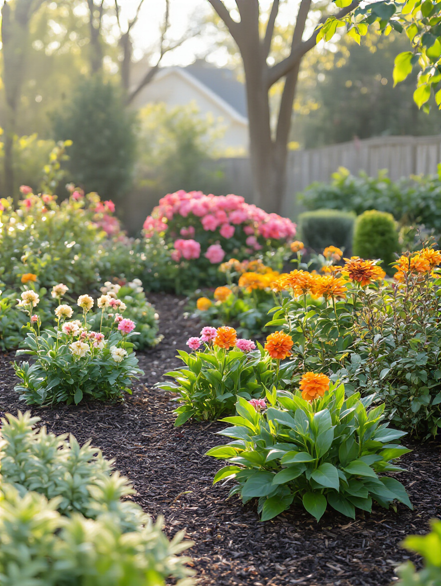 Portrait photo of a backyard garden showcasing seasonal plant care with healthy blooming plants and fresh mulch under morning light