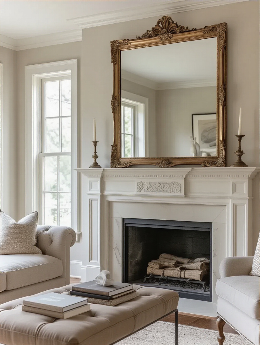 Living room fireplace with an ornate mirror perfectly centered above the mantel, enhancing the room's light and focal point
