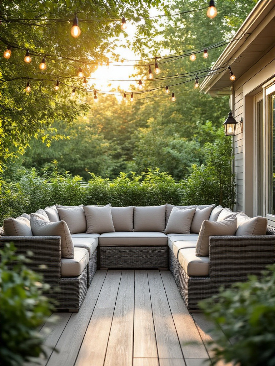 Comfortable outdoor sectional furniture with plush cushions on a wooden deck under natural light, ideal for all-season relaxation