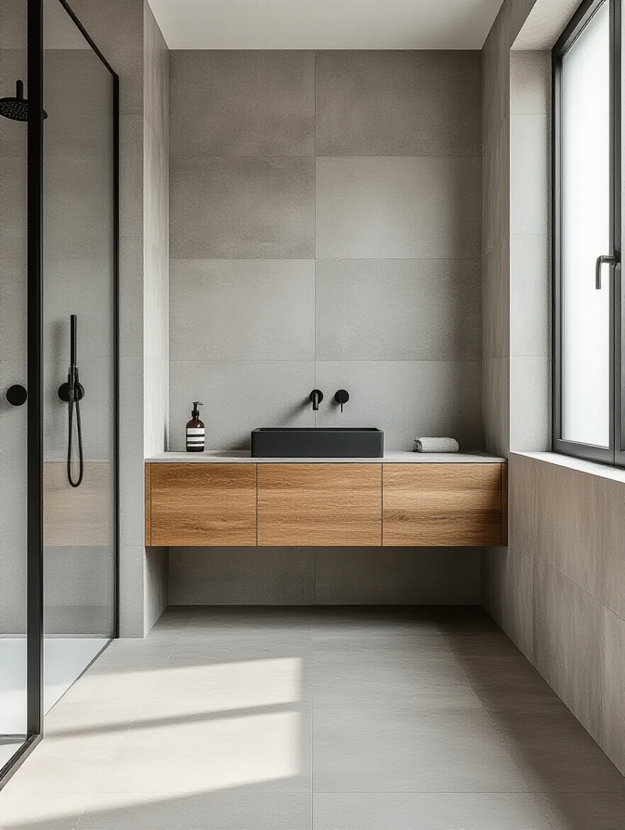 Modern bathroom with large-format light grey concrete-look tiles on floor and walls, matte black industrial fixtures, and wooden floating vanity