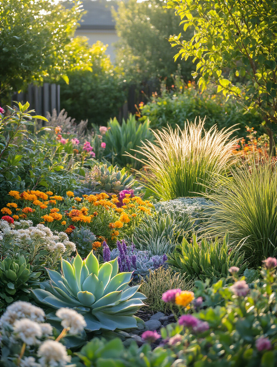 Portrait image of a backyard garden featuring diverse drought-tolerant plants with vibrant colors and textures under soft morning light