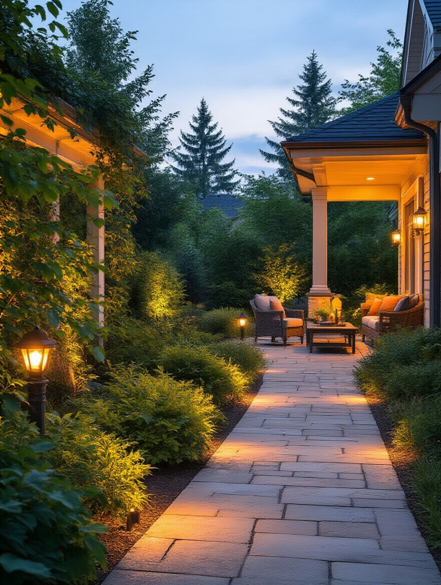 Backyard patio at dusk illuminated with layered warm outdoor lighting including path lights and uplights highlighting plants