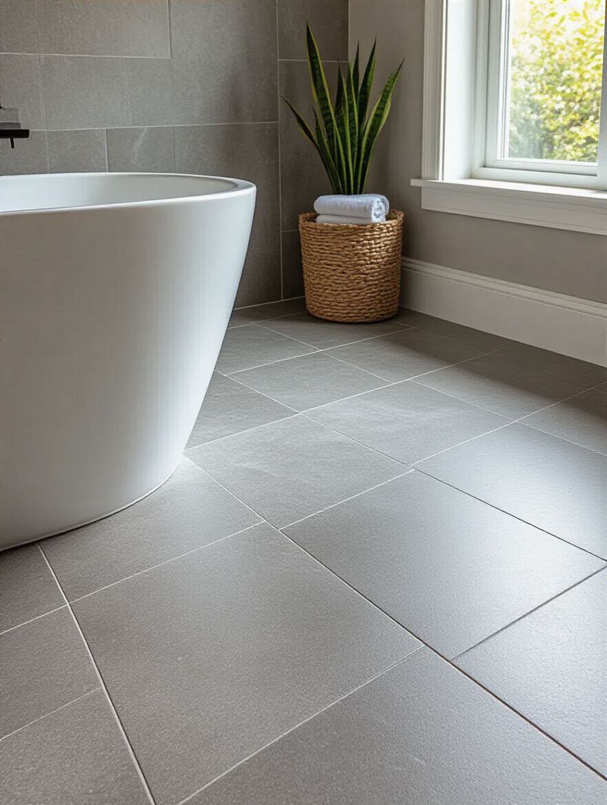 Modern bathroom floor with large gray tiles and subtle matching grout blending the tiles seamlessly