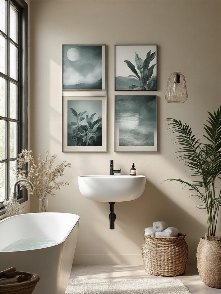 Moisture-resistant art prints displayed in a stylish bathroom