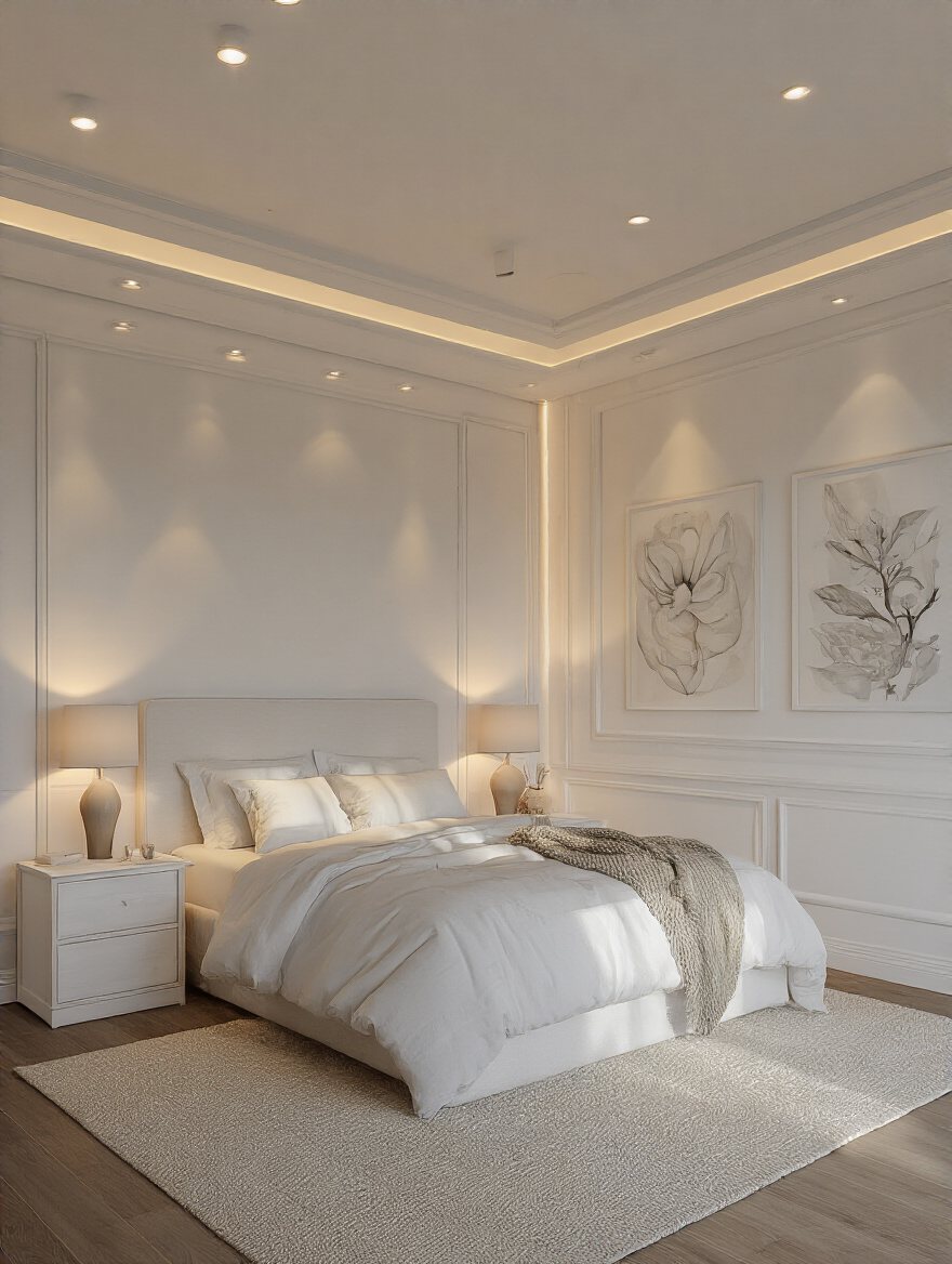 A white bedroom showcasing multi-level lighting for an ambient evening glow