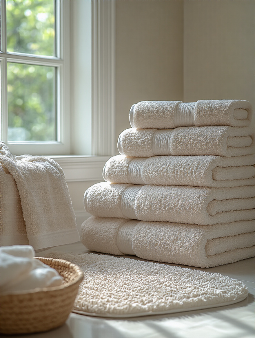 Luxurious premium cotton bath towels and high-GSM bath mat neatly arranged in a stylish bathroom corner with natural lighting
