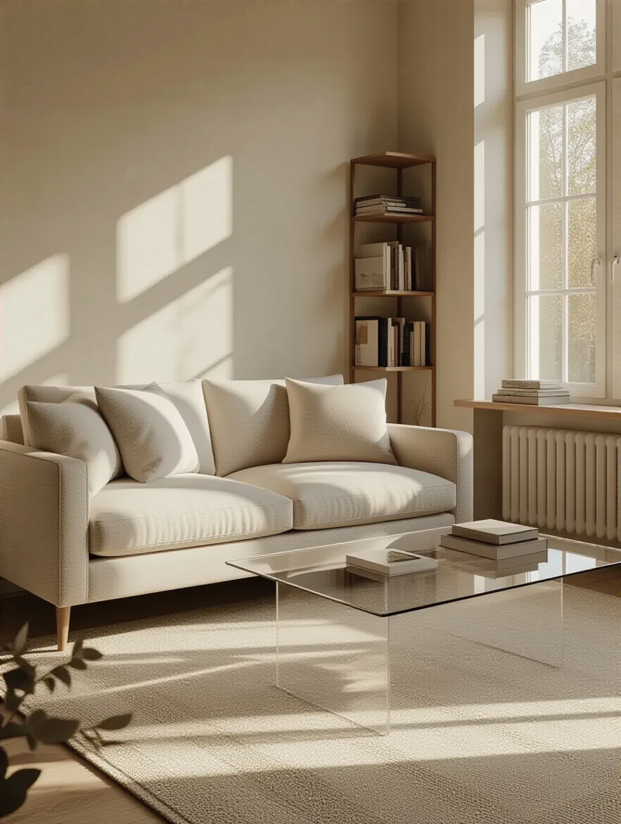 A beautifully arranged small living room with right-sized furniture including a two-seater sofa and acrylic coffee table.