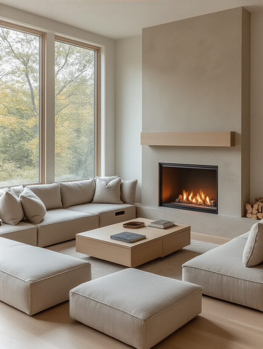 Small modern living room with fireplace and versatile multi-functional furniture including storage sofa and lift-top coffee table