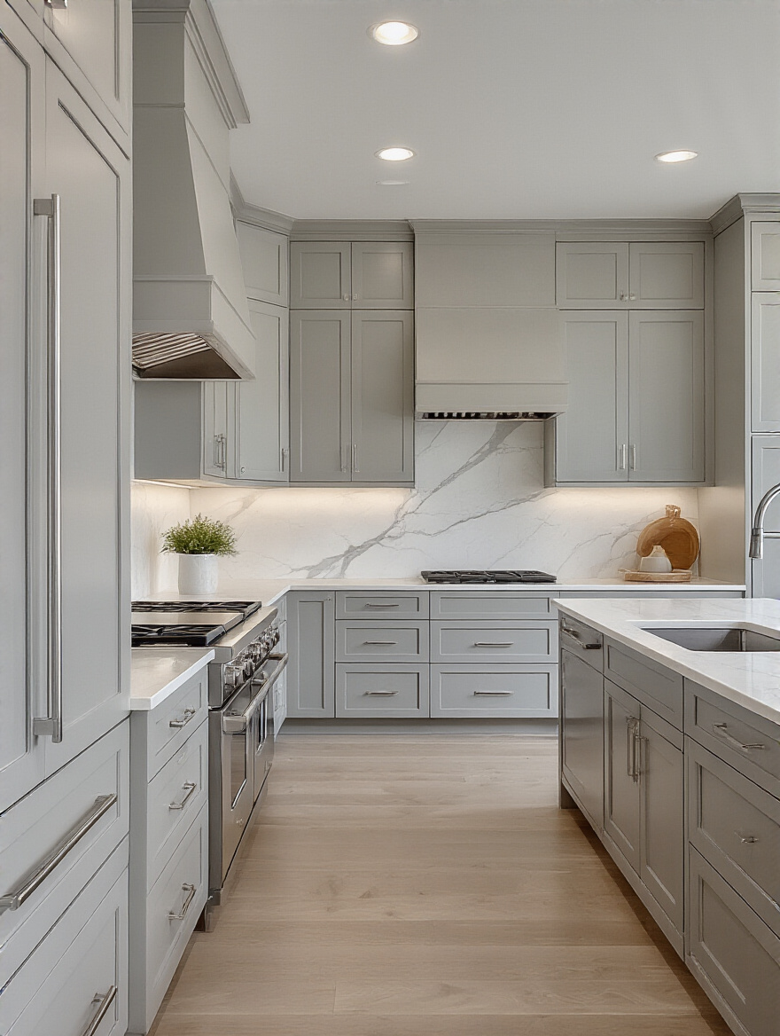 Modern kitchen with matching light gray cabinet finishes and white marble countertop.