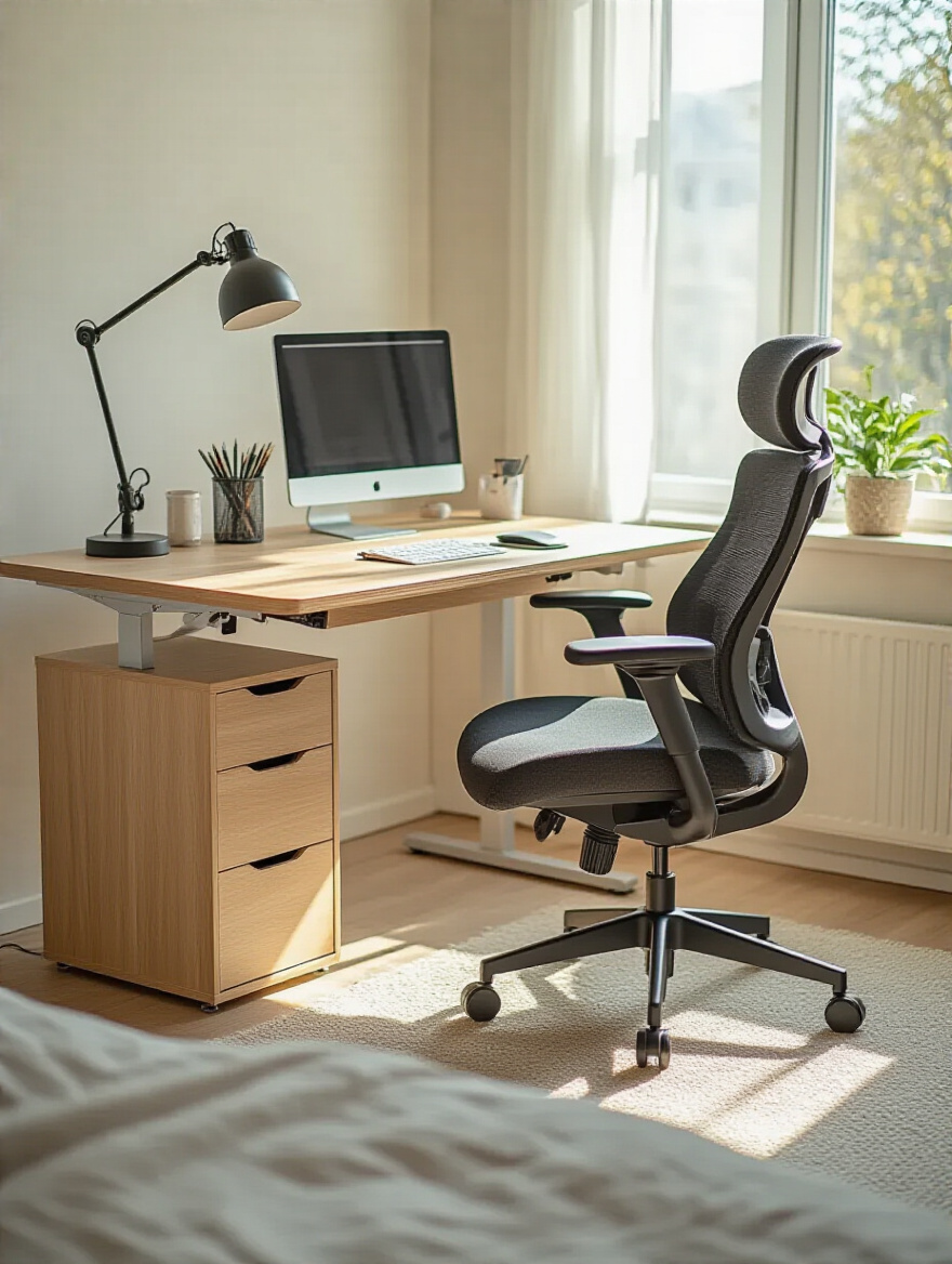 Ergonomic desk and chair setup in a cozy bedroom, designed for comfortable study sessions