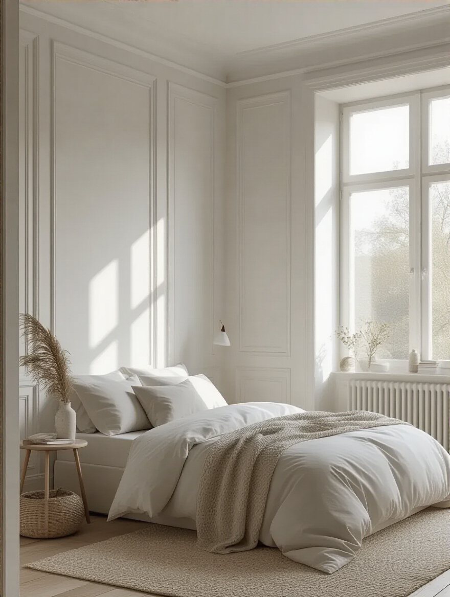 A beautifully styled bedroom with various white paint tones reflecting subtle undertones.