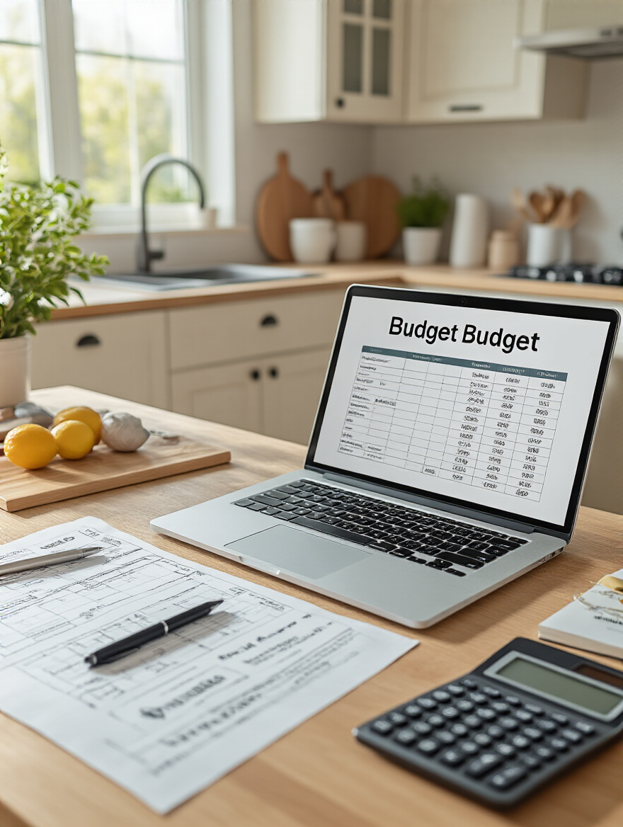 Top-down view of a kitchen remodel budget spreadsheet with calculator and contractor quotes on a bright workspace in a modern kitchen