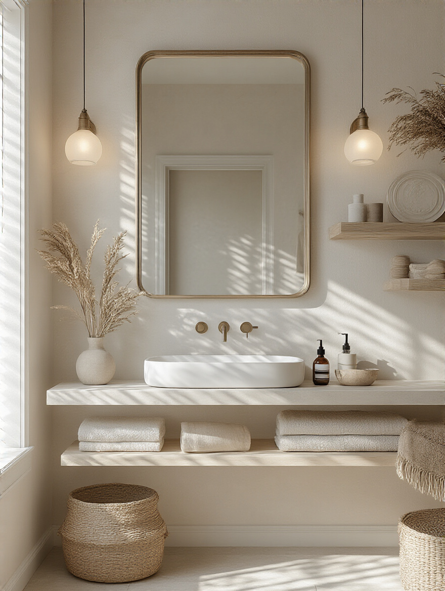 Elegant bathroom wall decor featuring a large mirror and art prints