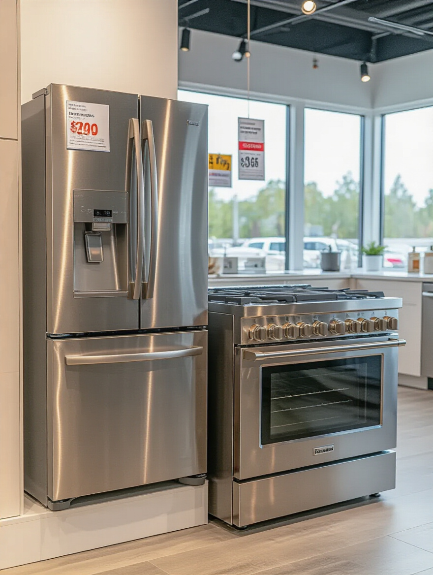 Open-box stainless steel refrigerator and floor model gas range in kitchen showroom with discount price tags