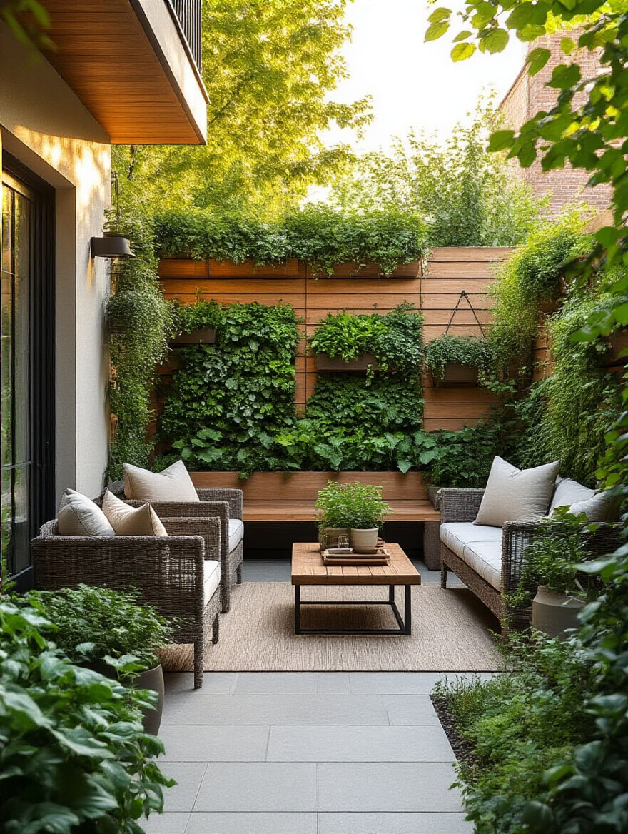 Optimized patio gardening layout with vertical planters and multi-functional furniture in a small outdoor space