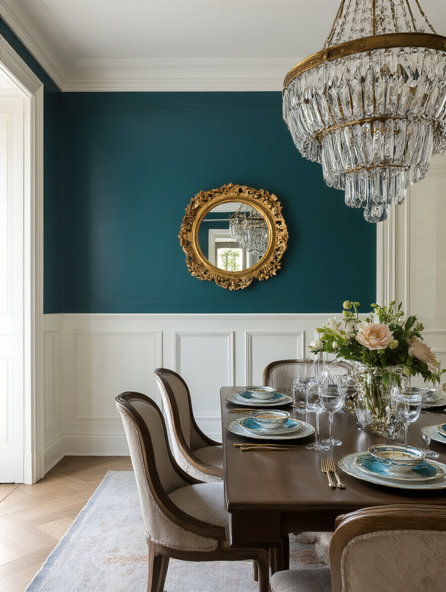 Elegant dining room with a deep teal accent wall and classic decor.