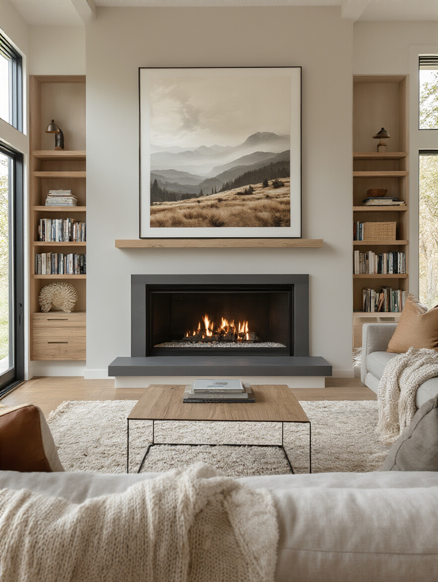 Modern living room with fireplace and secondary focal point artwork balancing visual interest