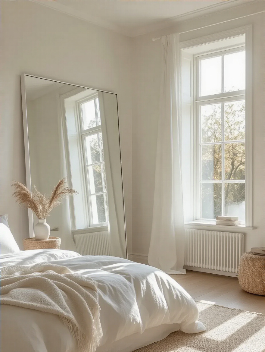 White bedroom with strategically positioned mirrors reflecting natural light