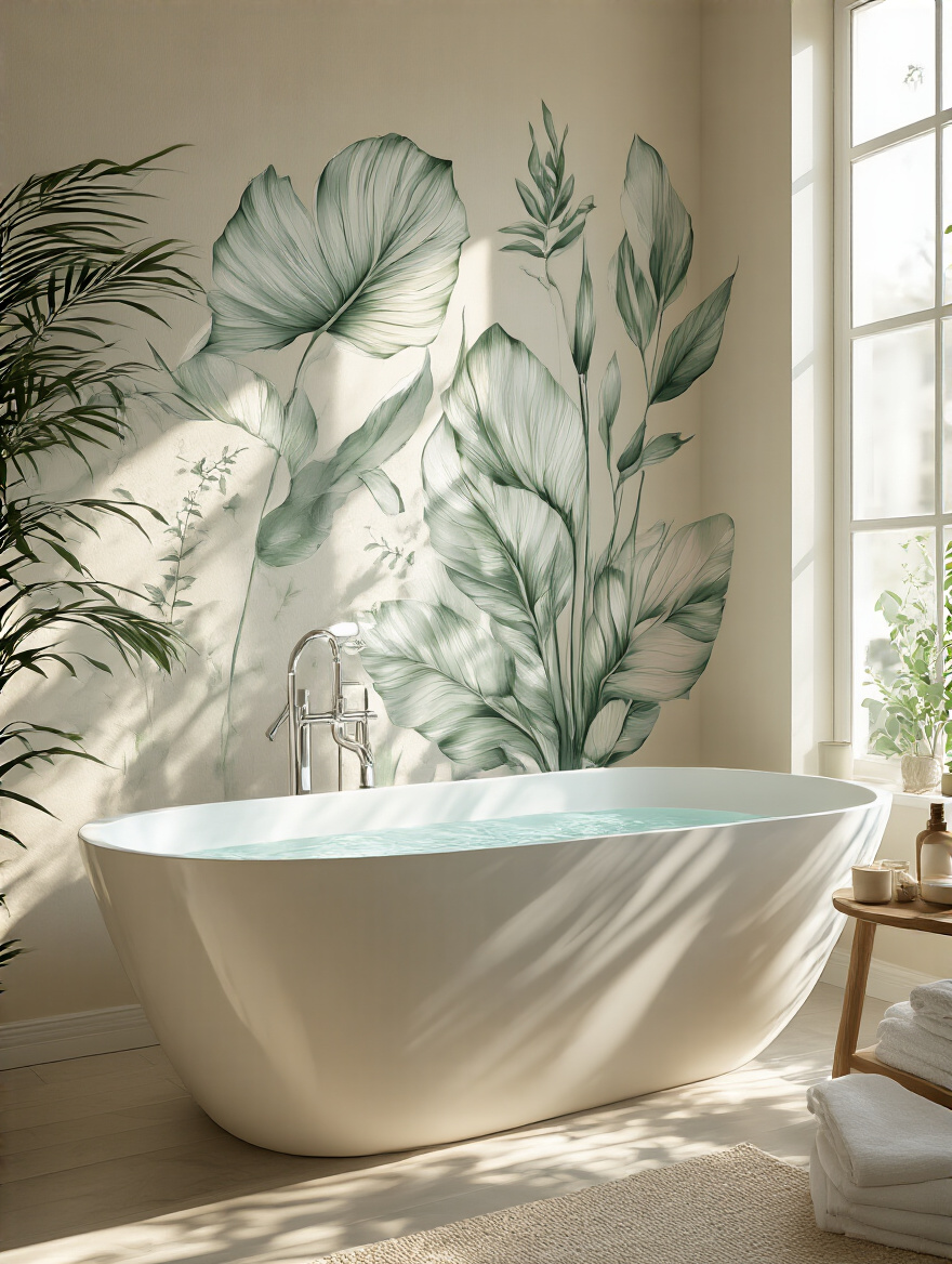 A serene bathroom featuring botanical wall decals behind a freestanding tub.