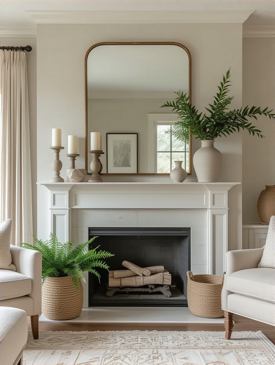 Stylish mantelpiece in a modern living room with layered decor items complementing overall room design