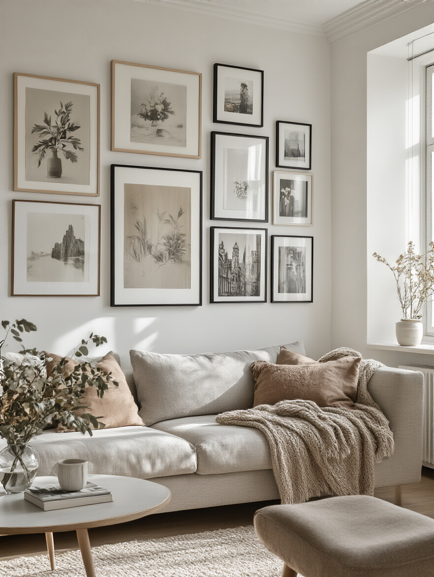 Chic living room with a gallery wall featuring affordable prints and personal photos