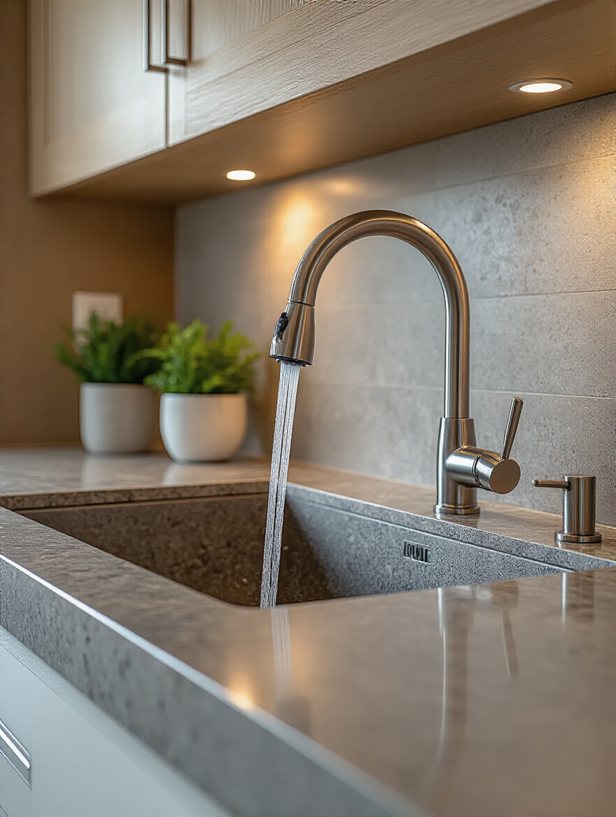 Modern kitchen with deep granite composite sink and stainless steel pull-down sprayer faucet in a bright, clean setting