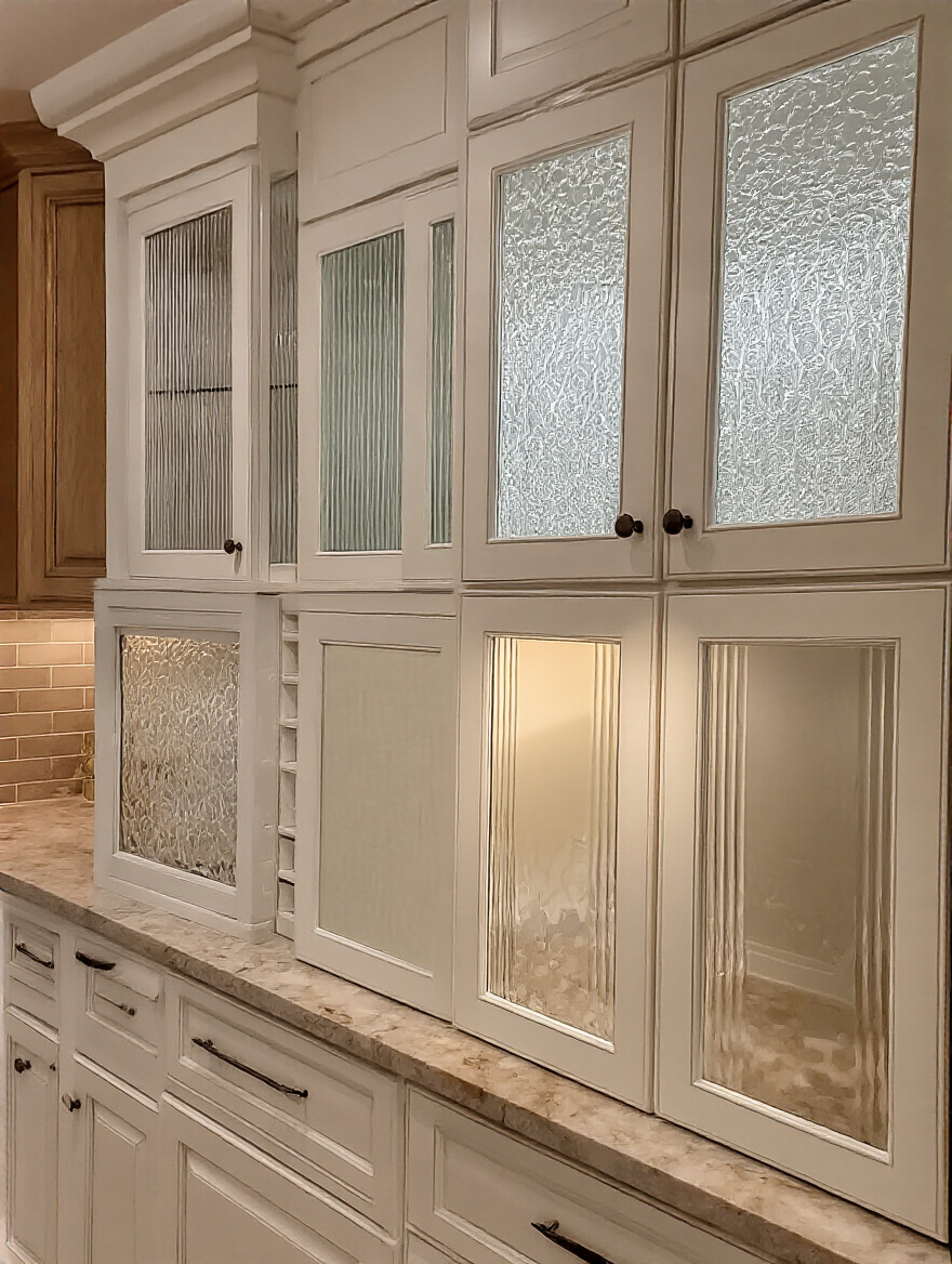 Modern kitchen cabinets with updated glass inserts showcasing frosted and reeded glass panels.
