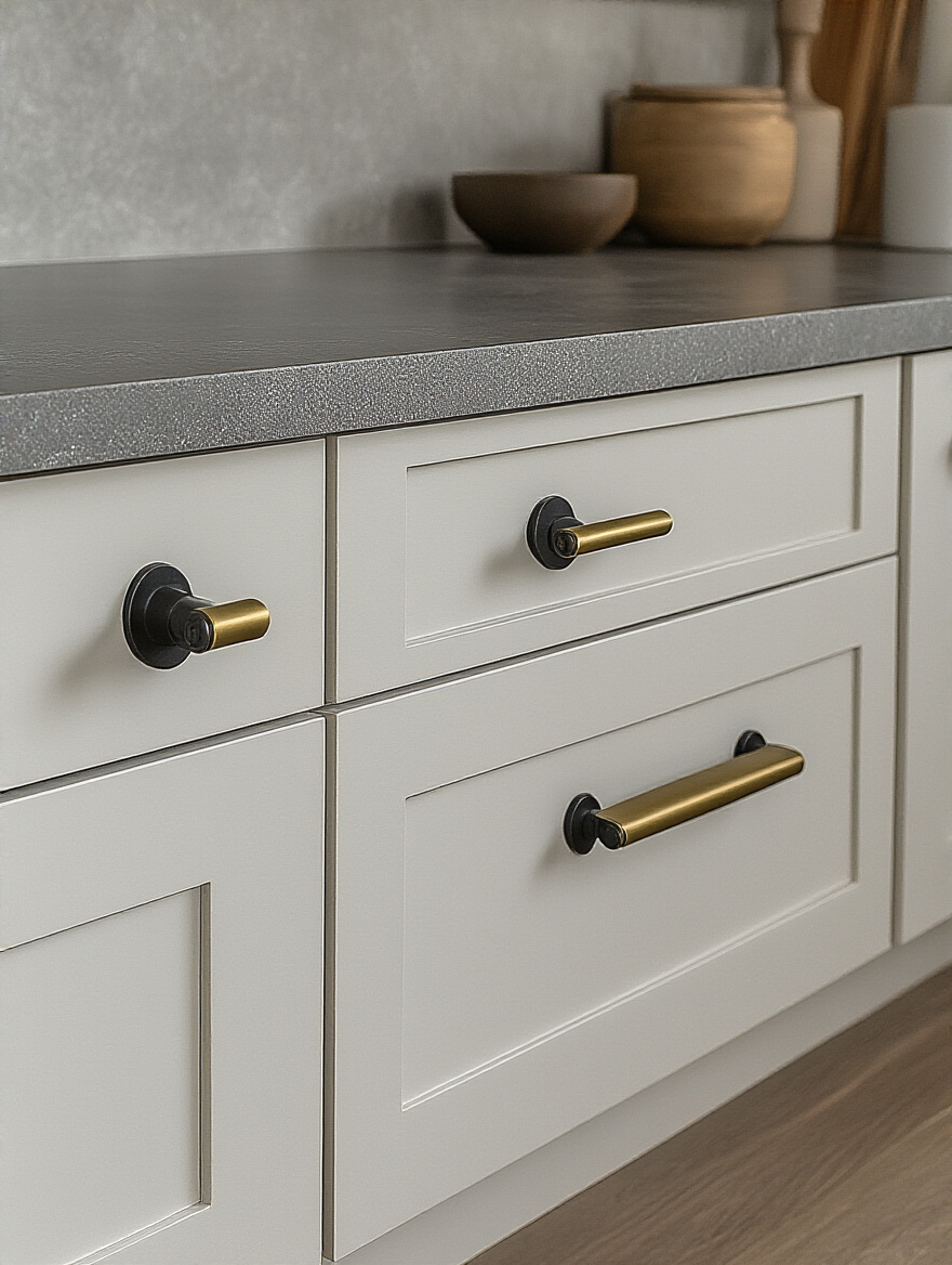 Modern kitchen cabinet with new matte black and brushed brass hardware installed for an instant facelift