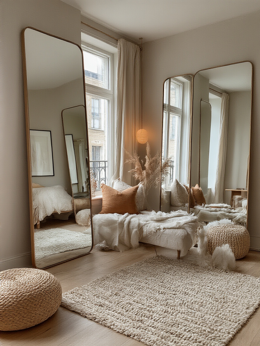A stylish small apartment living room with large mirrors reflecting light, creating an open and inviting atmosphere.