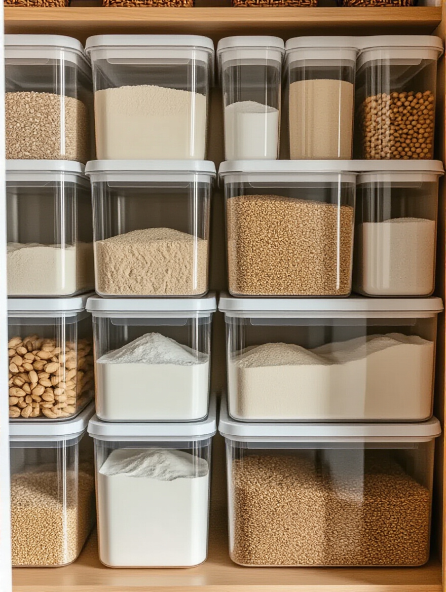 Neatly organized pantry shelf with stackable airtight bins containing labeled dry goods like flour and sugar