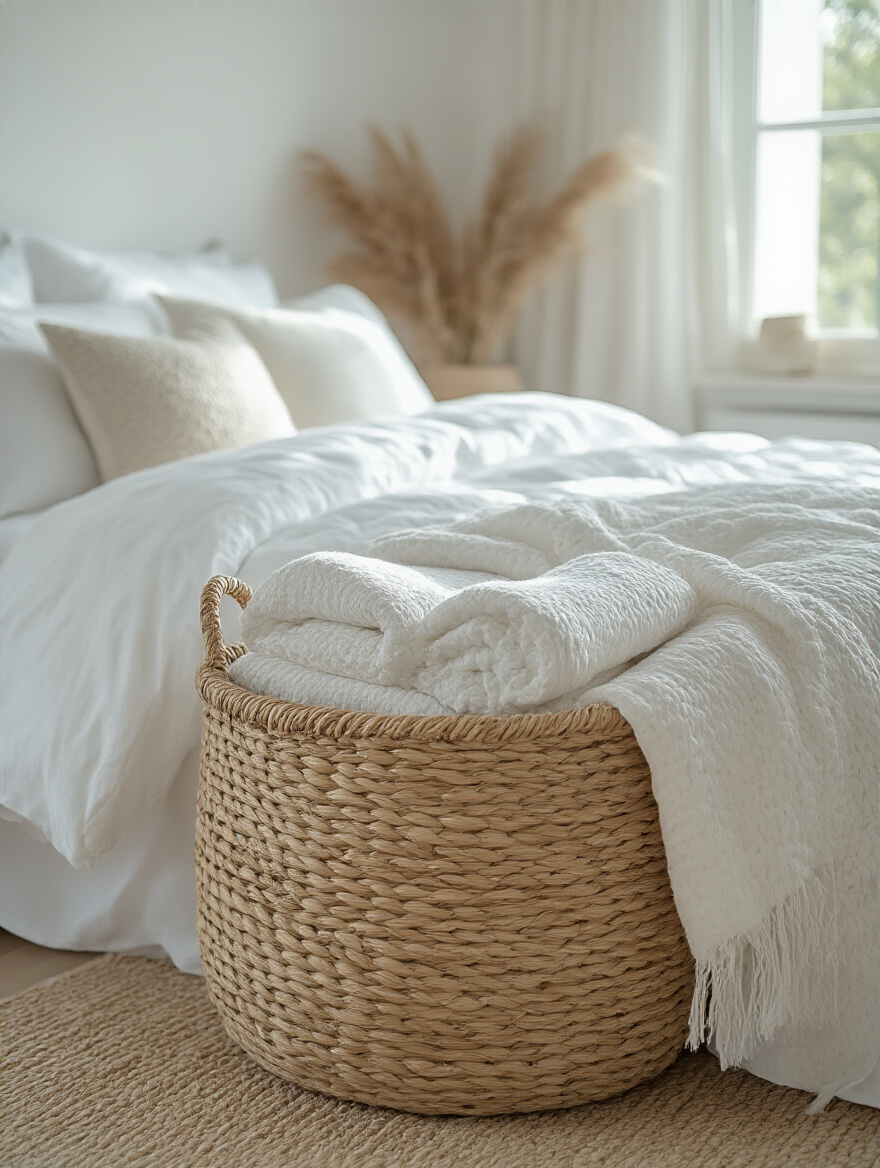 A stylish woven basket filled with blankets next to a white bed in a bright bedroom.