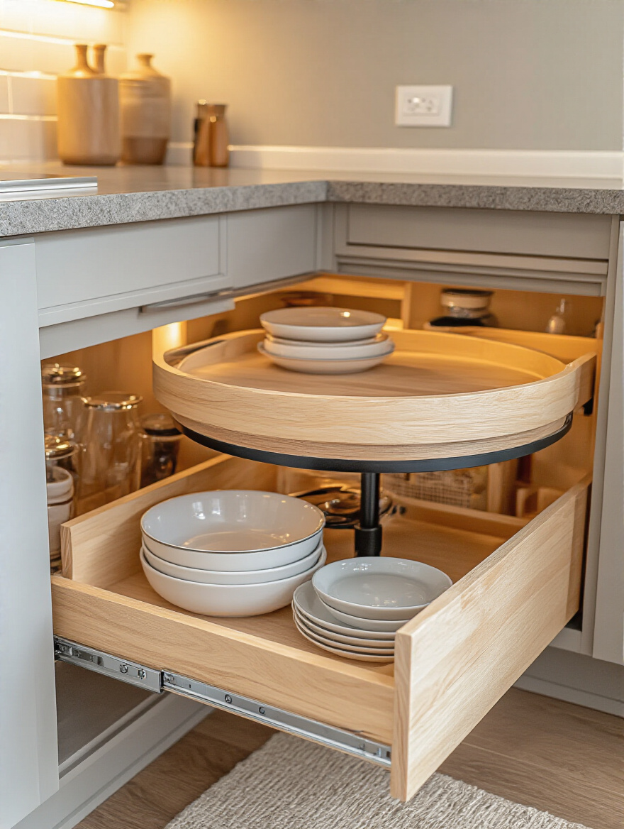 Organized corner cabinet with Lazy Susan and Magic Corner pull-out system showing efficient storage solutions.