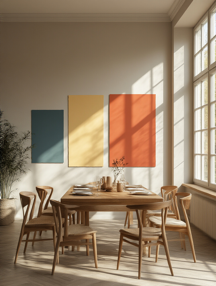 Dining room with large paint swatches on the wall and natural lighting.