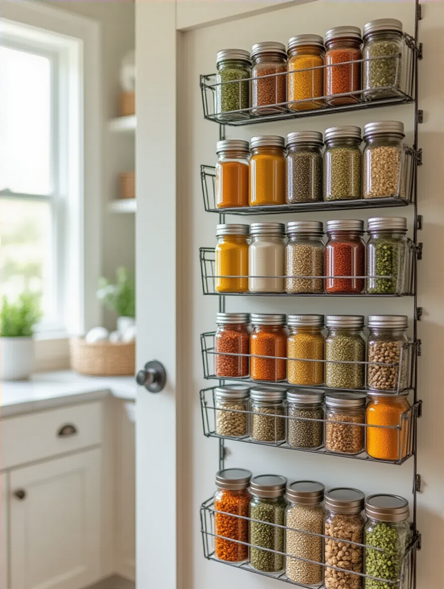 Organized pantry door with over-the-door organizer filled with spice jars.