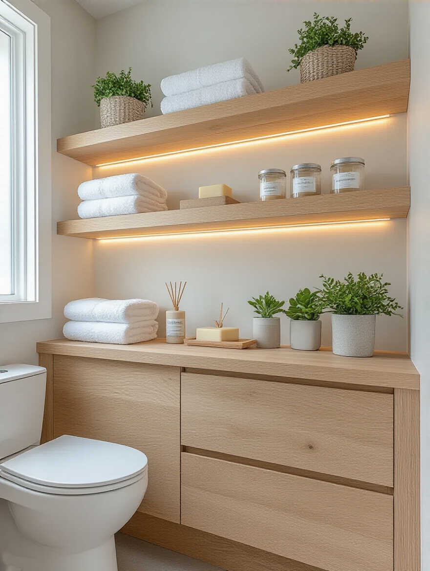 Modern bathroom with minimalist floating oak open shelves displaying towels, soaps, and decorative plants