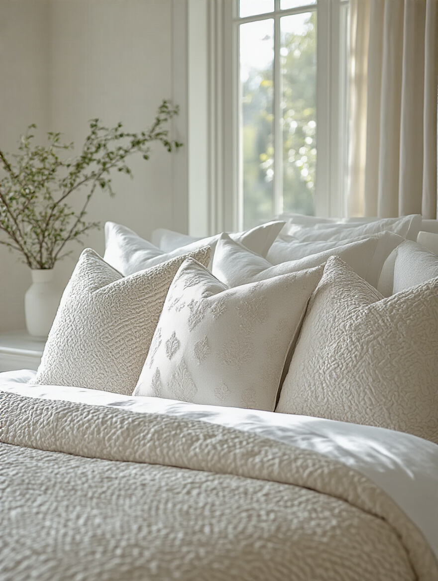 Elegant white bedroom with subtle patterned pillows on the bed
