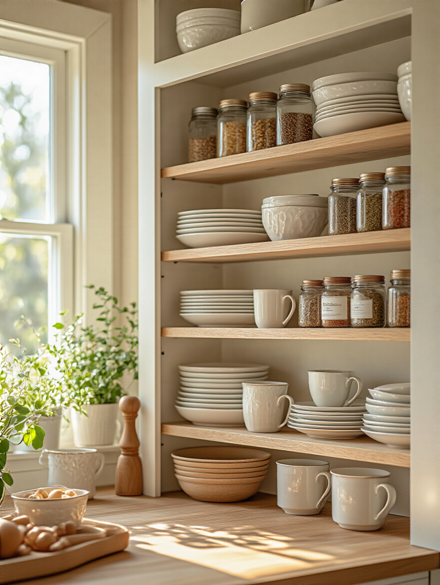 Well-organized kitchen cabinet with tiered shelves displaying kitchen essentials.