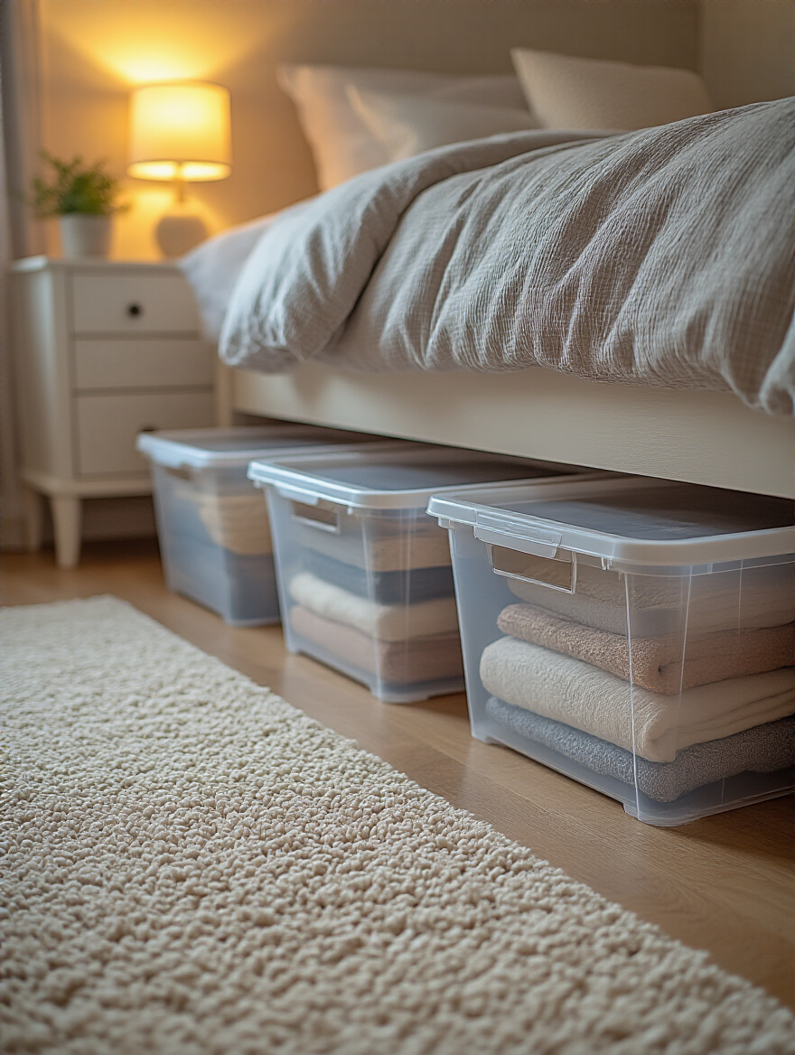 Neatly organized under-bed storage bins in a clutter-free bedroom