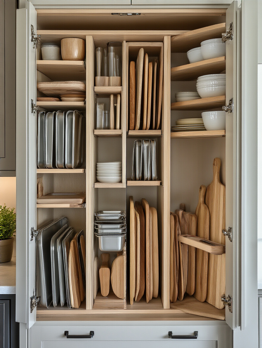 Organized kitchen cabinet with vertical dividers neatly storing trays and cutting boards