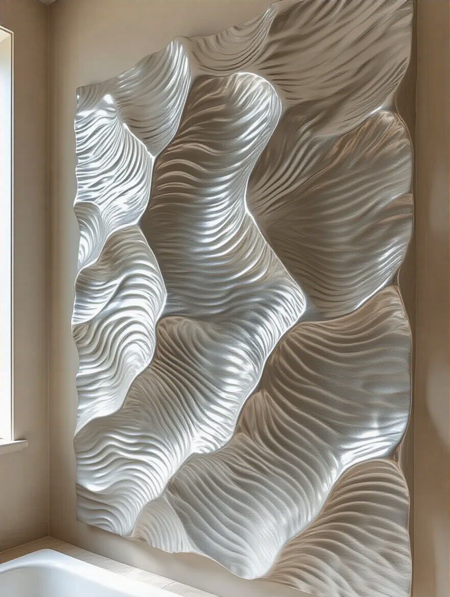 Bathroom wall featuring waterproof sculptural elements in a ripple pattern.