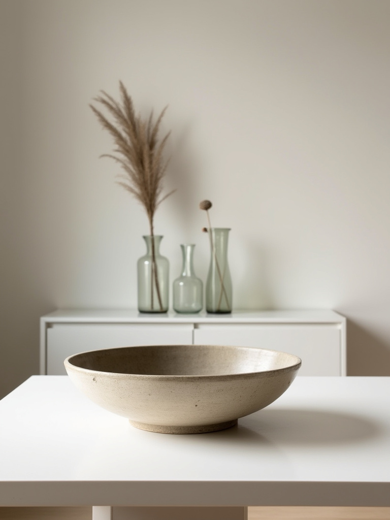 Modern dining room featuring intentional minimalist accessories including a textured ceramic bowl centerpiece and a curated set of glass vases with dried botanicals on a sideboard.