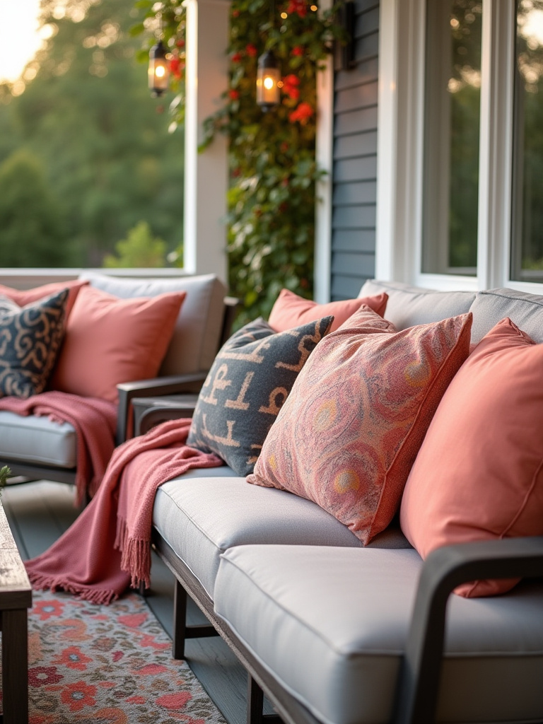 Cozy backyard porch with decorative pillows and throws on outdoor seating during golden hour