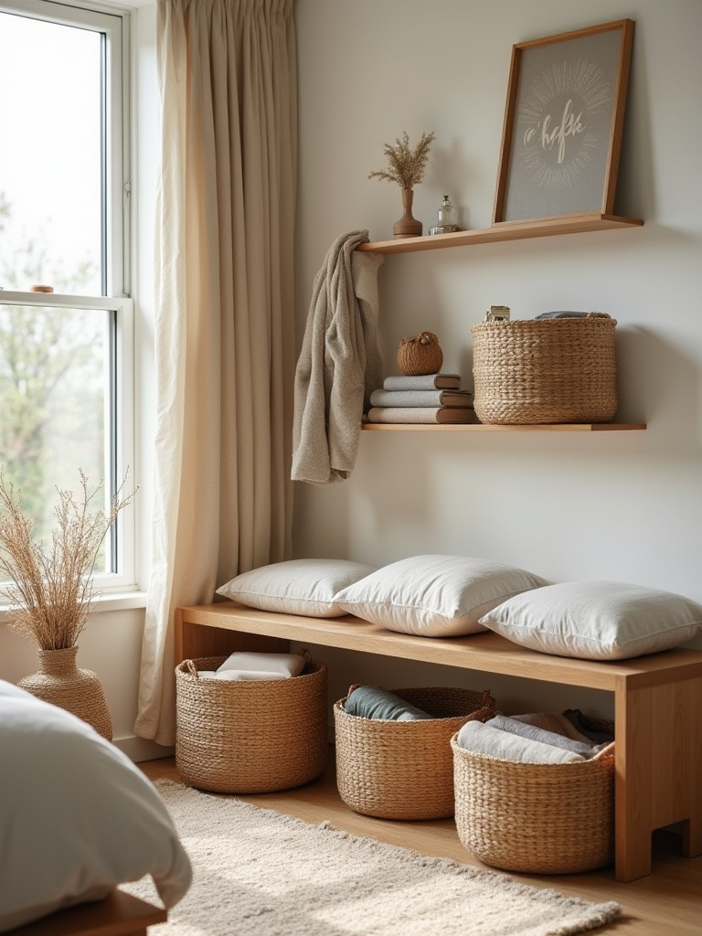 Cozy bedroom corner with decorative woven and felt storage baskets neatly arranged under a bench and on shelving, bathed in soft natural light.
