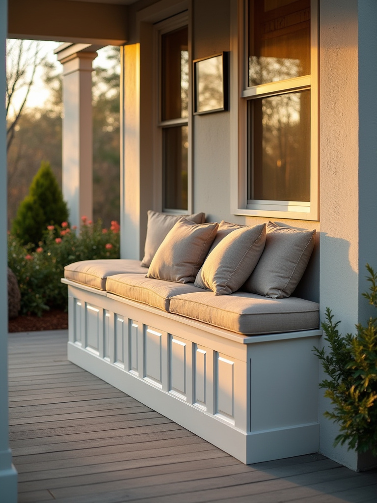 Backyard porch with custom built-in storage bench featuring lift-top seating and neatly stored cushions under warm natural light